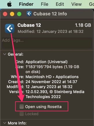 Mac application info window for Cubase 12 showing general details and the option Open using Rosetta highlighted with a red arrow and box.