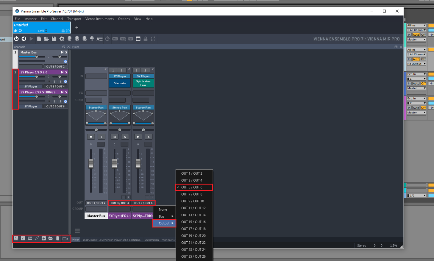 Vienna Ensemble Pro interface showing audio routing options for VEPro to DAWs, with OUT 5/OUT 6 selected as output in the mixer, demonstrating digital audio workstation connectivity.