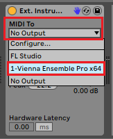Screenshot showing MIDI routing settings in a Digital Audio Workstation, with '1-Vienna Ensemble Pro x64' selected as the output, demonstrating VEPro integration with DAWs like Cubase.