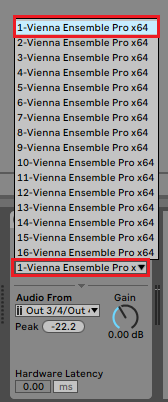 Dropdown menu displaying multiple instances of Vienna Ensemble Pro x64 for routing in a Digital Audio Workstation (DAW) like Cubase.