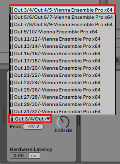 Vienna Ensemble Pro x64 output routing settings in a Digital Audio Workstation (DAW) featuring multiple stereo output pairs from Out 3/4 to Out 31/32, highlighting the interface for selecting outputs like Out 3/4.