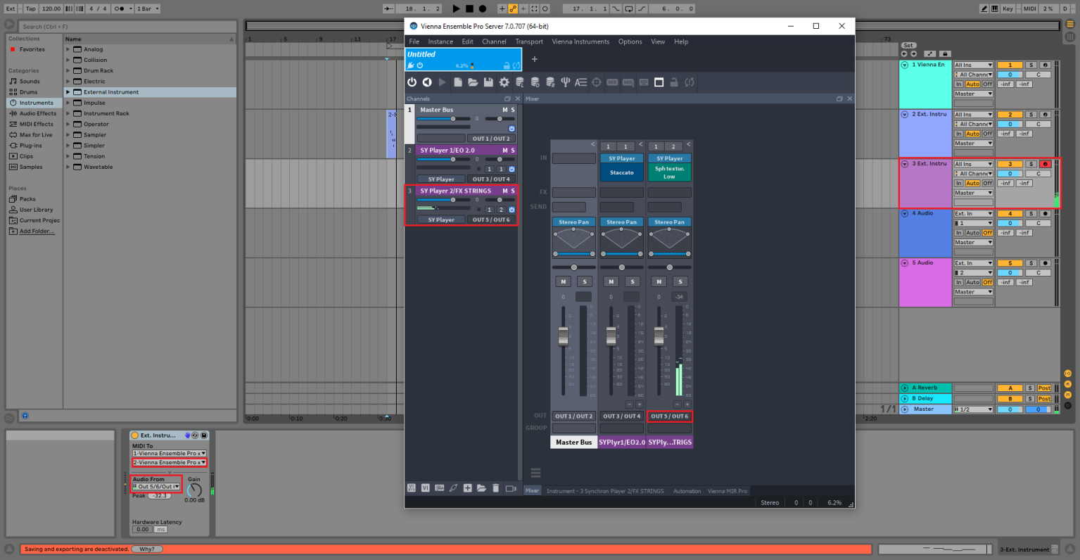 Vienna Ensemble Pro 7.0707 interface showing SY Player FX Strings output 5/6 routing to an external instrument in Cubase for Digital Audio Workstation (DAW) integration.