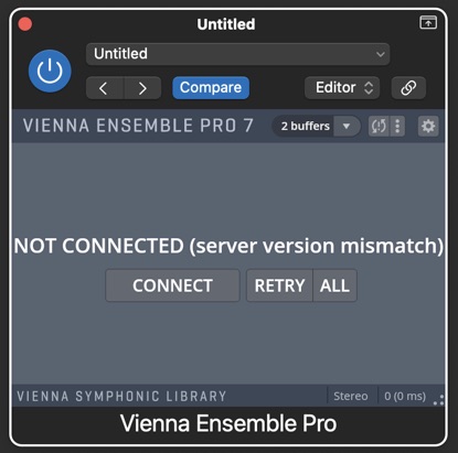 Vienna Ensemble Pro 7 plugin interface showing NOT CONNECTED (server version mismatch) error with options to Connect, Retry, or All.