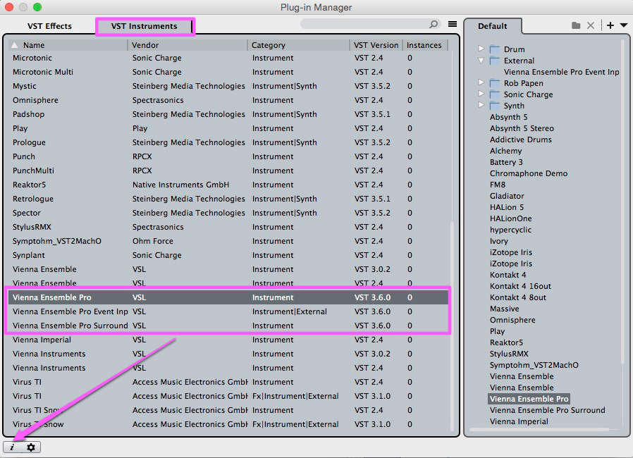Screenshot of a Digital Audio Workstation (DAW) plugin manager window displaying a list of VST instruments. The VST Instruments tab is highlighted in magenta, and Vienna Ensemble Pro is selected in the list, showing its VST 3.6.0 version, demonstrating the routing of VEPro within a Digital Audio Workstation like Cubase.