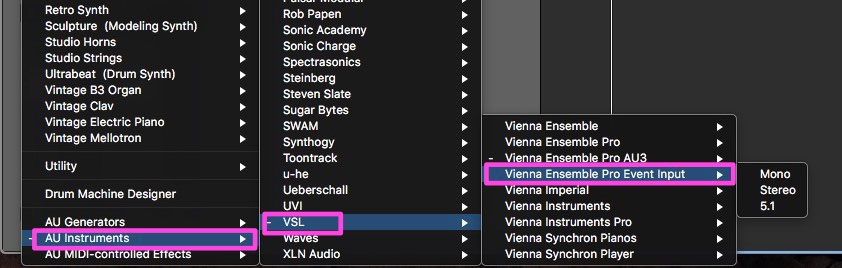 Digital audio workstation menu showing selection of Vienna Ensemble Pro Event Input plugin, accessible via AU Instruments and VSL categories, for audio routing setup.