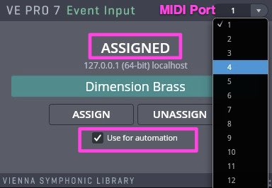 Vienna Ensemble Pro 7 MIDI Port 4 selected for automation, showing assigned Dimension Brass plugin.