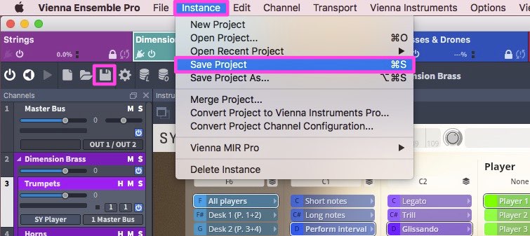User interface for Vienna Ensemble Pro showing the Instance menu with Save Project highlighted, and a floppy disk icon outlined on the toolbar, indicating ways to save a project or plugin settings.