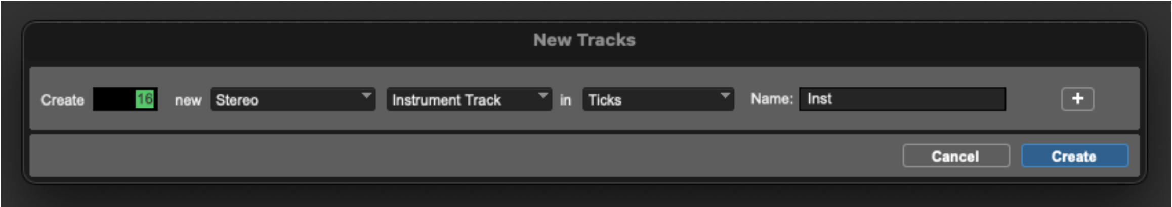 New Tracks dialog box in a Digital Audio Workstation (DAW) for creating a stereo instrument track in Pro Tools.