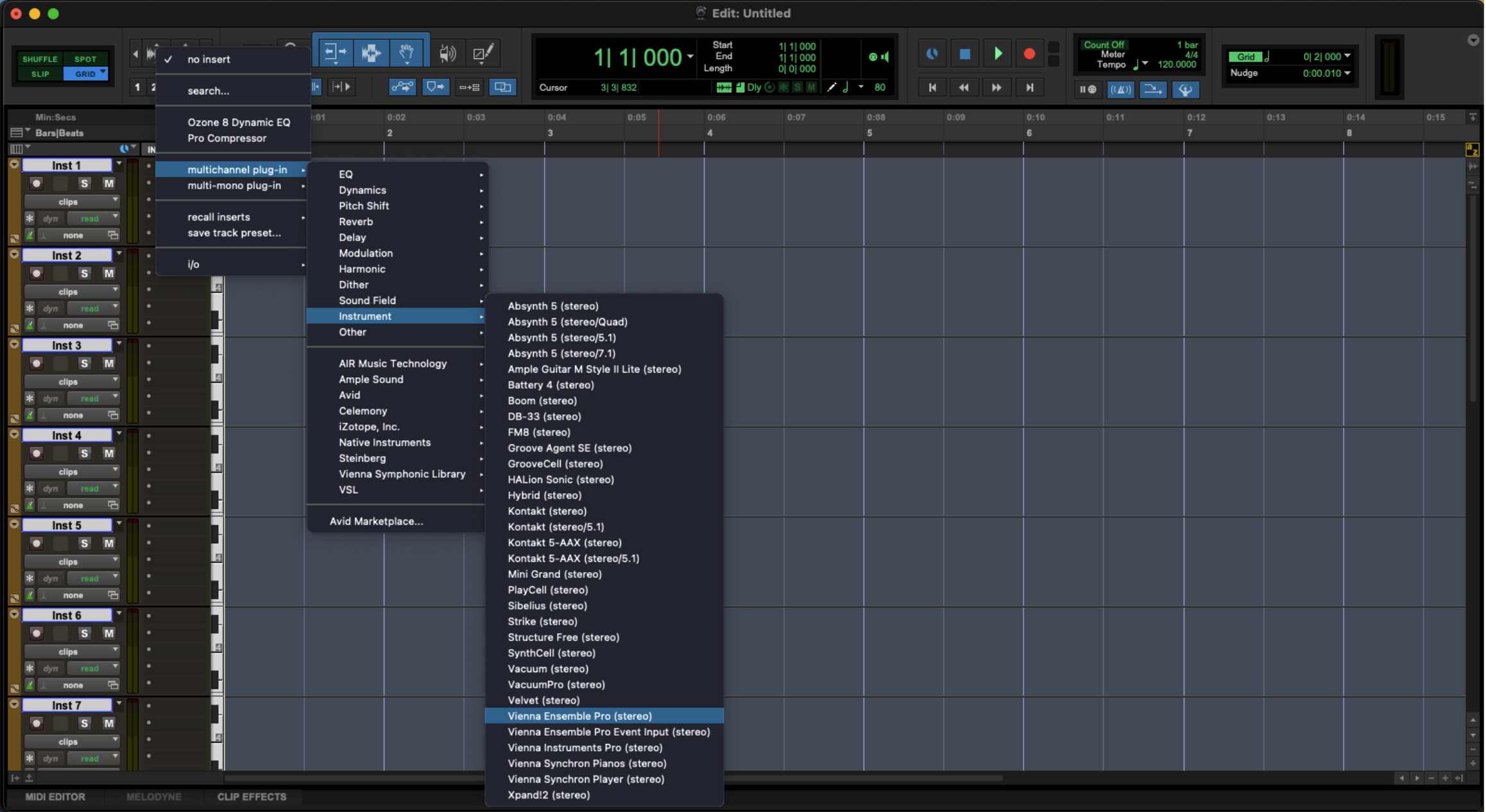 Screenshot of a Digital Audio Workstation (DAW) interface, likely Pro Tools, showing the process of inserting a virtual instrument into Pro Tools. A dropdown menu is open, highlighting Instrument and Vienna Ensemble Pro (stereo) as an option for routing VEPro to DAWs.