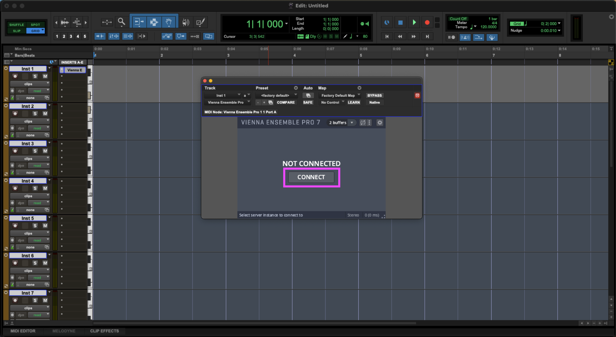 Vienna Ensemble Pro VST plugin interface in a DAW, displaying NOT CONNECTED and a CONNECT button, illustrating the routing process for digital audio workstations like Pro Tools.