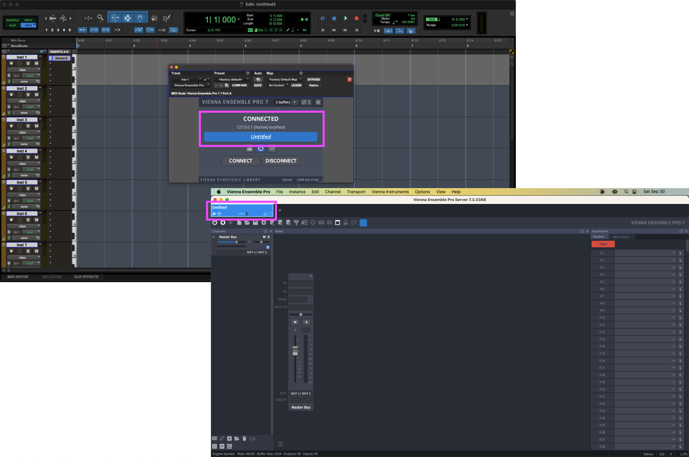 Software interfaces showing complex digital audio workstation (DAW) routing setup including Pro Tools, Vienna Ensemble Pro connected window, and Vienna Ensemble Pro mixer with master bus and automation parameters.