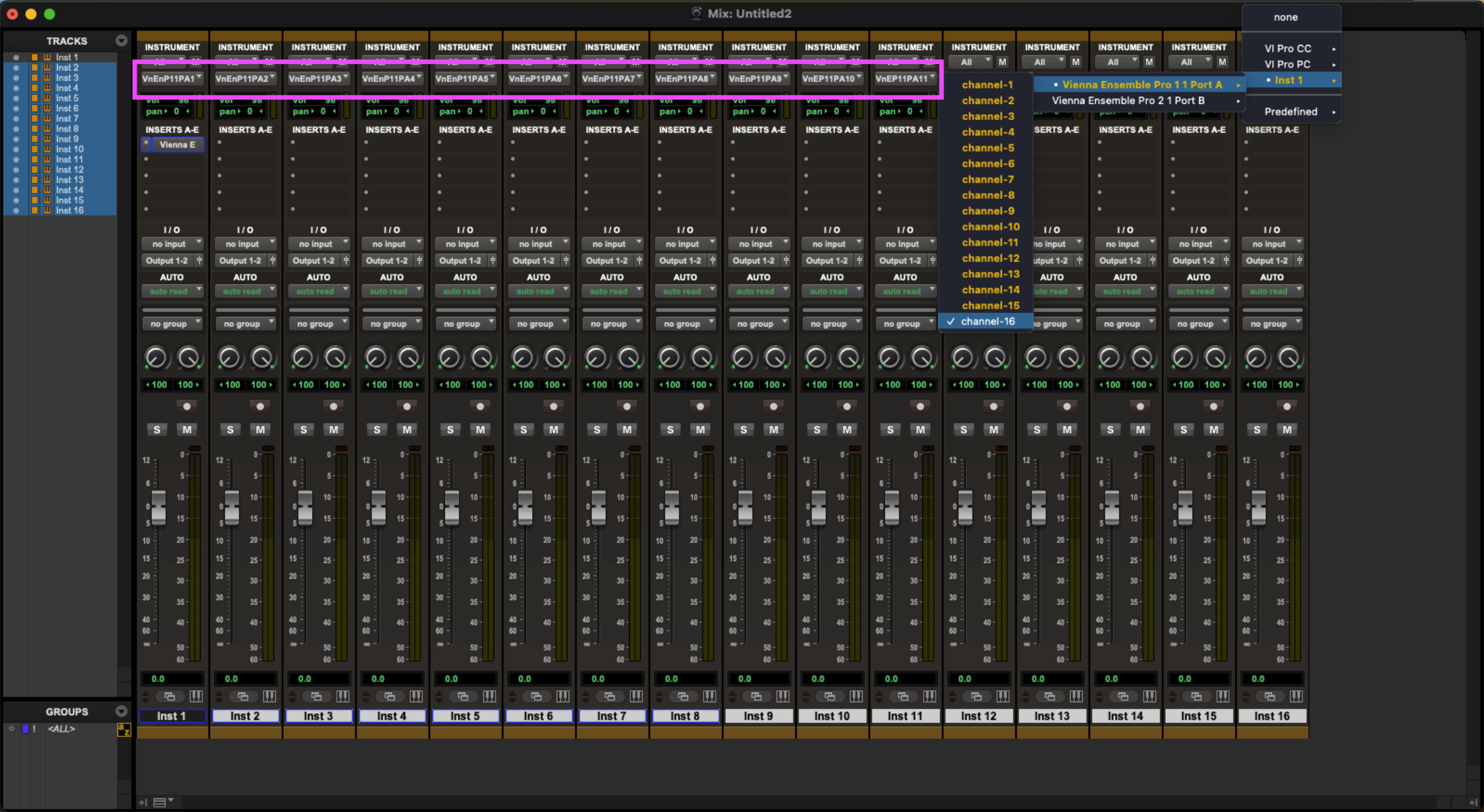 Screenshot of a Digital Audio Workstation (DAW) interface, likely Cubase, showing Vienna Ensemble Pro routing to multiple MIDI channels. The image displays mixer faders, pan controls, and a dropdown menu highlighting inputs for Vienna Ensemble Pro (VEPro) instance 1, with channels 1 through 16 listed, and channel 11 selected.