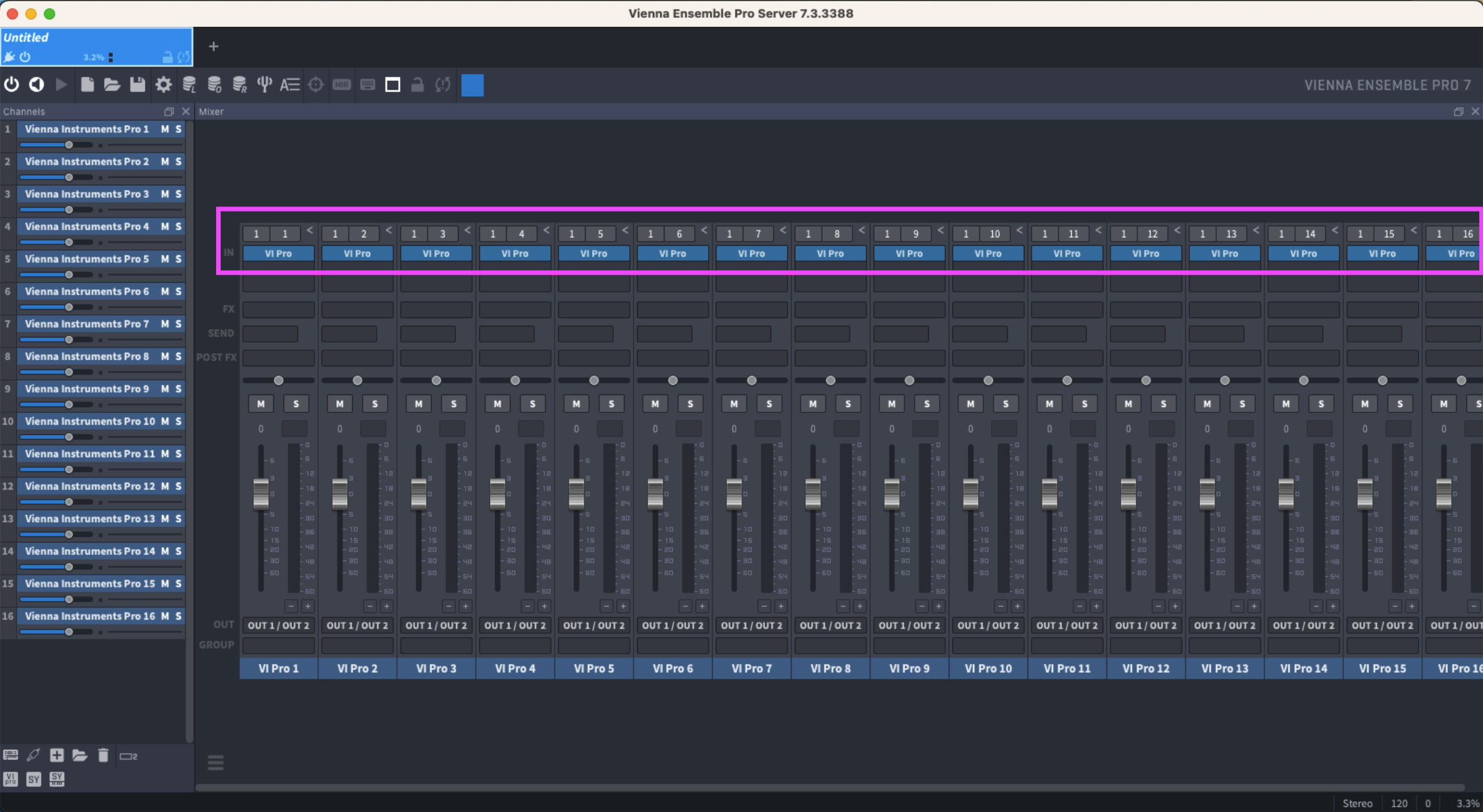 Vienna Ensemble Pro with highlighted MIDI routing section.