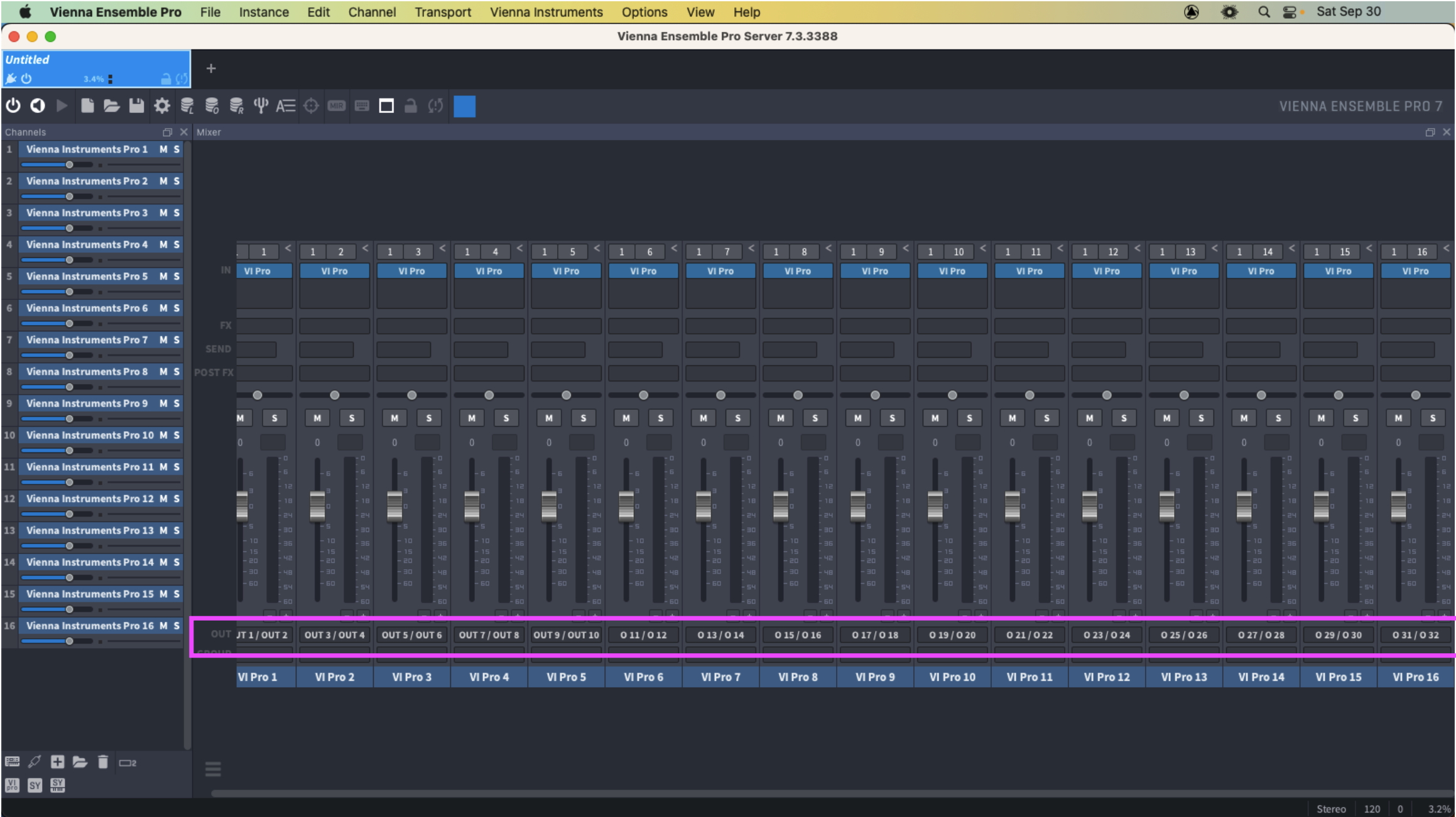 Vienna Ensembel pro with highlighted output section in the mixer view.
