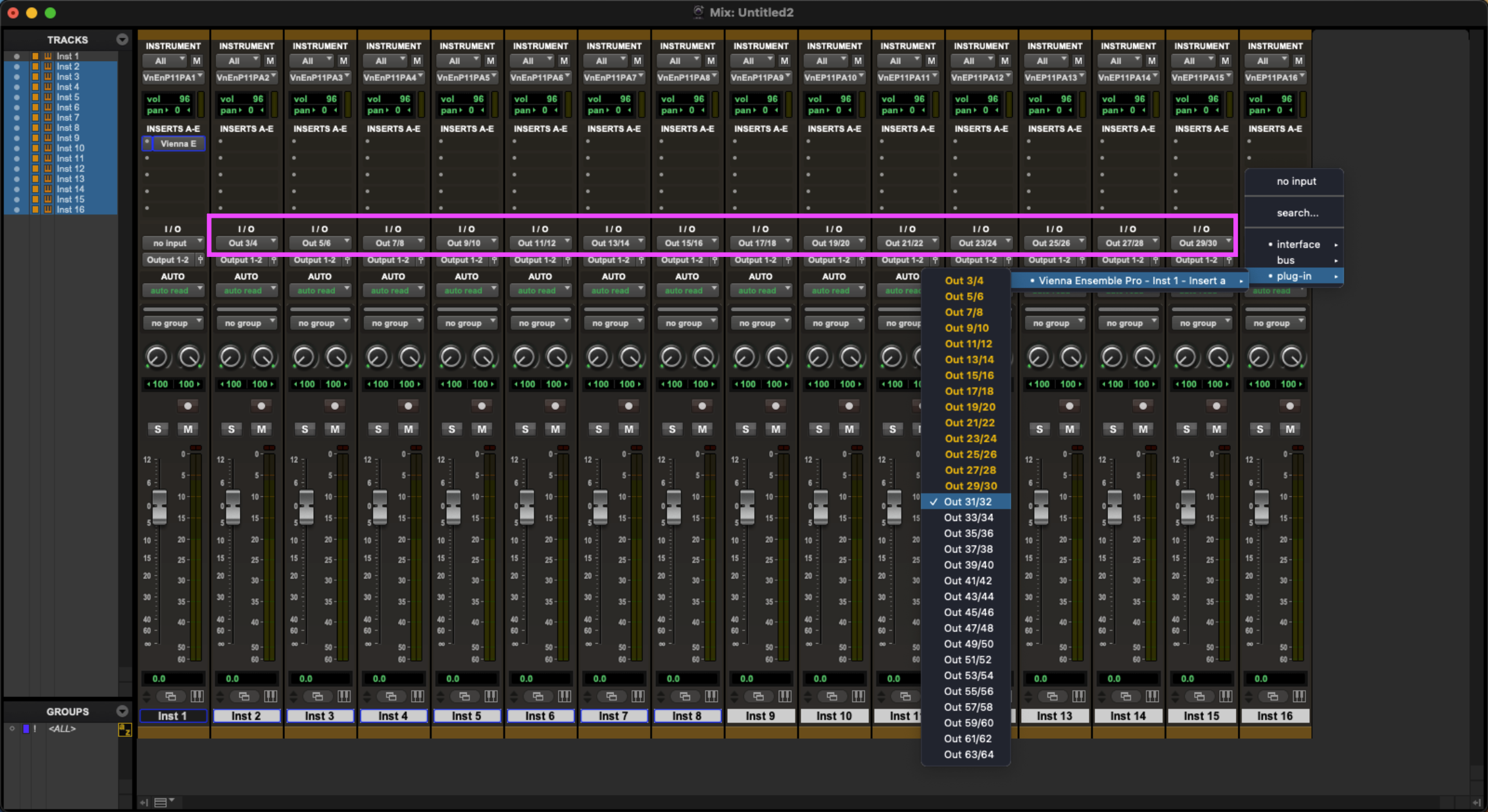 Digital Audio Workstation (DAW) mixer interface showing Vienna Ensemble Pro routing options with Instrument channels and Input Output selections for Pro Tools.