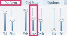 Digital audio workstation software interface with highlighted SlotX fader controls, used for managing patches and matrix cell content in a Slot Rack.