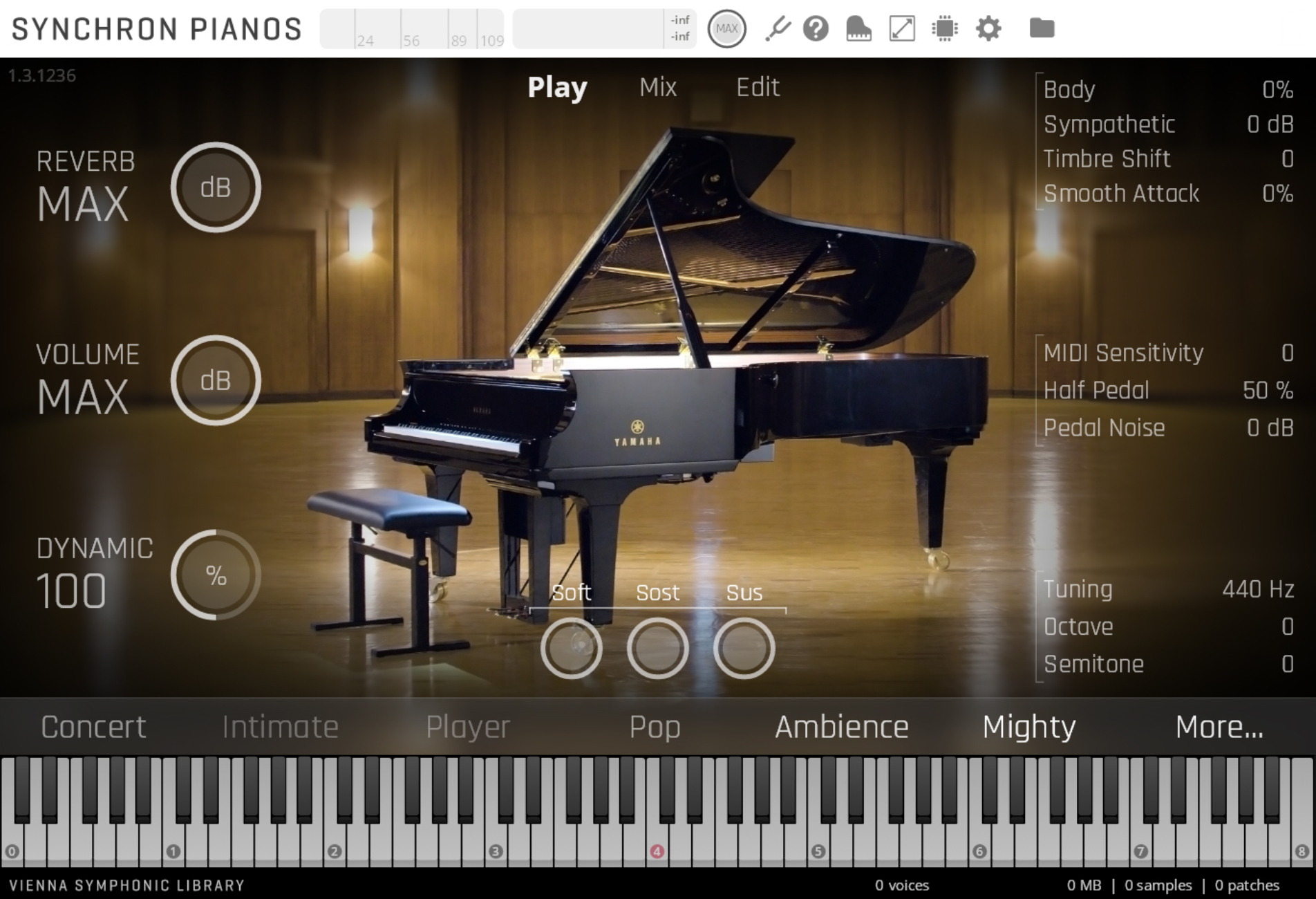 Vienna Synchron Pianos software interface displaying a Yamaha grand piano in a concert hall, with controls for reverb, volume, dynamics, and various piano settings, including a virtual keyboard.