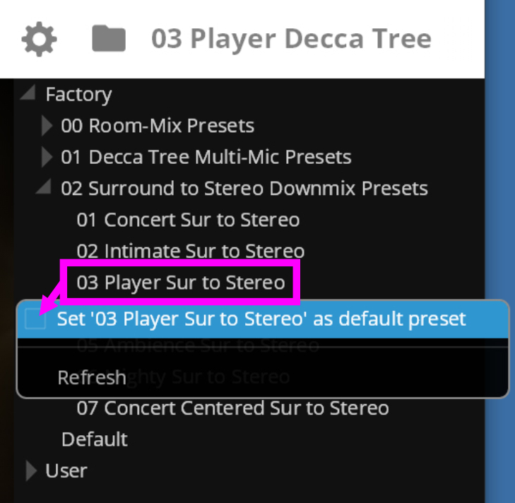 User interface showing the selection of 03 Player Sur to Stereo from a list of Vienna Synchron Pianos default presets, also displaying options to set it as a default preset.