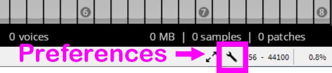 Screenshot showing Preferences text and an arrow pointing to a wrench icon, representing the settings or preferences button for the Vienna Synchron Pianos standalone player.