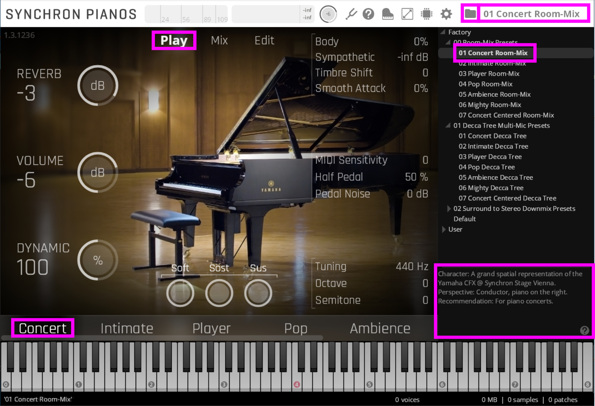 Screenshot of Synchron Pianos software interface displaying the Concert Room-Mix preset, with options for reverb, volume, dynamics, and a grand piano visual.