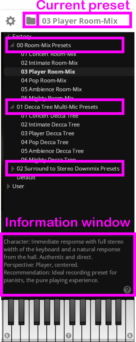 Software interface showing Player Room-Mix presets selected, with additional information window displaying details about the ideal recording preset for pianists and a virtual piano keyboard below.