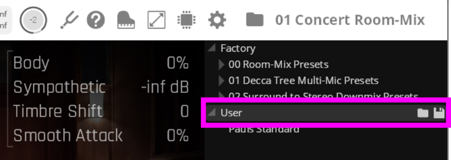 User-defined audio presets interface for sound engineering software, highlighting the User preset folder with save and load icons.