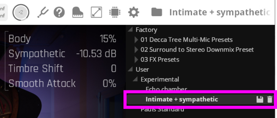 Digital audio workstation interface displaying sound parameters Body, Sympathetic, Timbre Shift, and Smooth Attack, alongside the Factory and User preset lists with the Intimate + sympathetic preset highlighted, and save/delete icons.