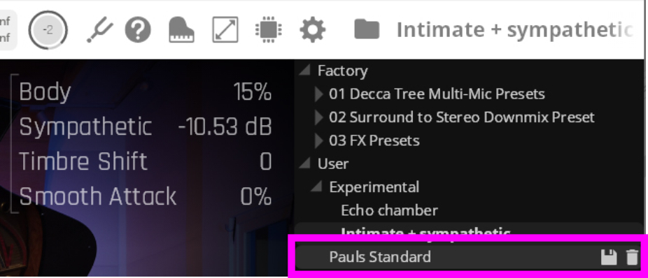 Software interface showing audio preset management with Pauls Standard selected and options to save or delete.