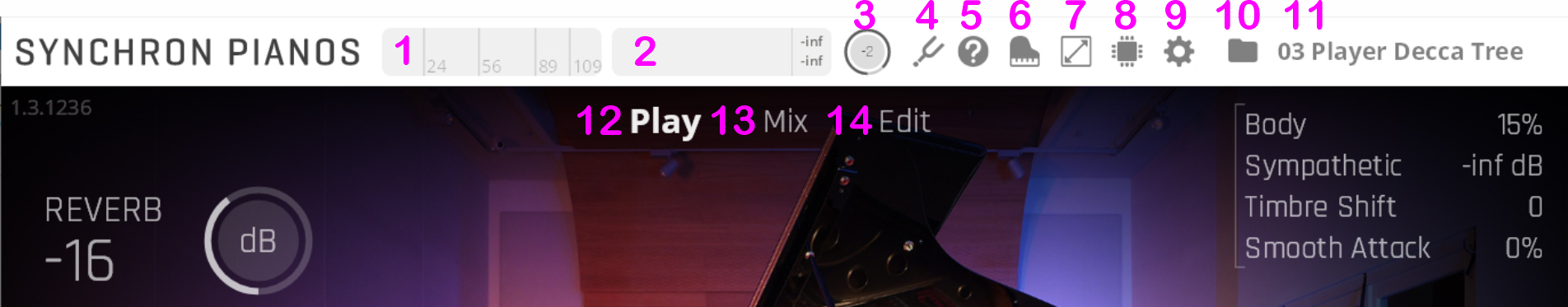 Synchron Pianos software interface displaying menu bar, control elements, and view selection for audio adjustments.