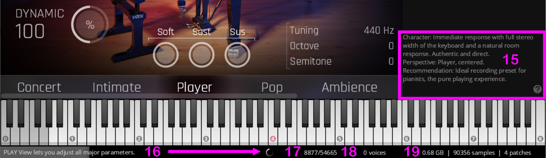 Screenshot of the Synchron Pianos user interface showing the Player view, dynamic controls, pedal settings (Soft, Sost, Sus), tuning and octave adjustments, a full piano keyboard, and detailed information about character, perspective, and recording recommendations.