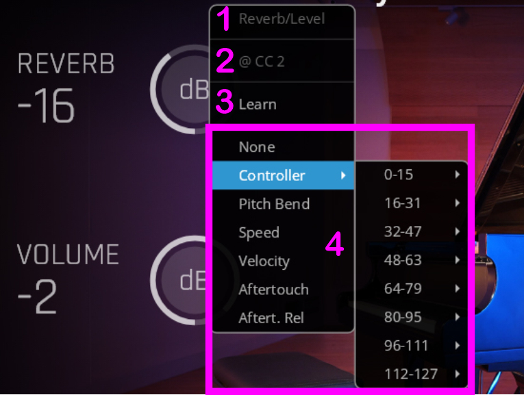 Screenshot displaying a digital audio workstation (DAW) interface with a dropdown menu and nested options for audio control, showing Reverb -16 dB and Volume -2 dB settings, along with various controller settings from 0-127.