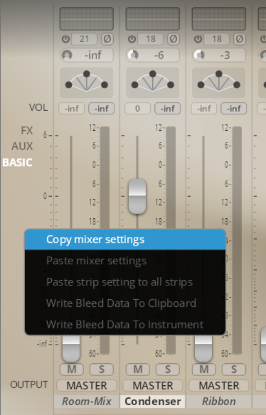 Digital audio mixer interface showing a dropdown menu for copying and pasting mixer settings, with faders, channel strips, and master outputs visible.