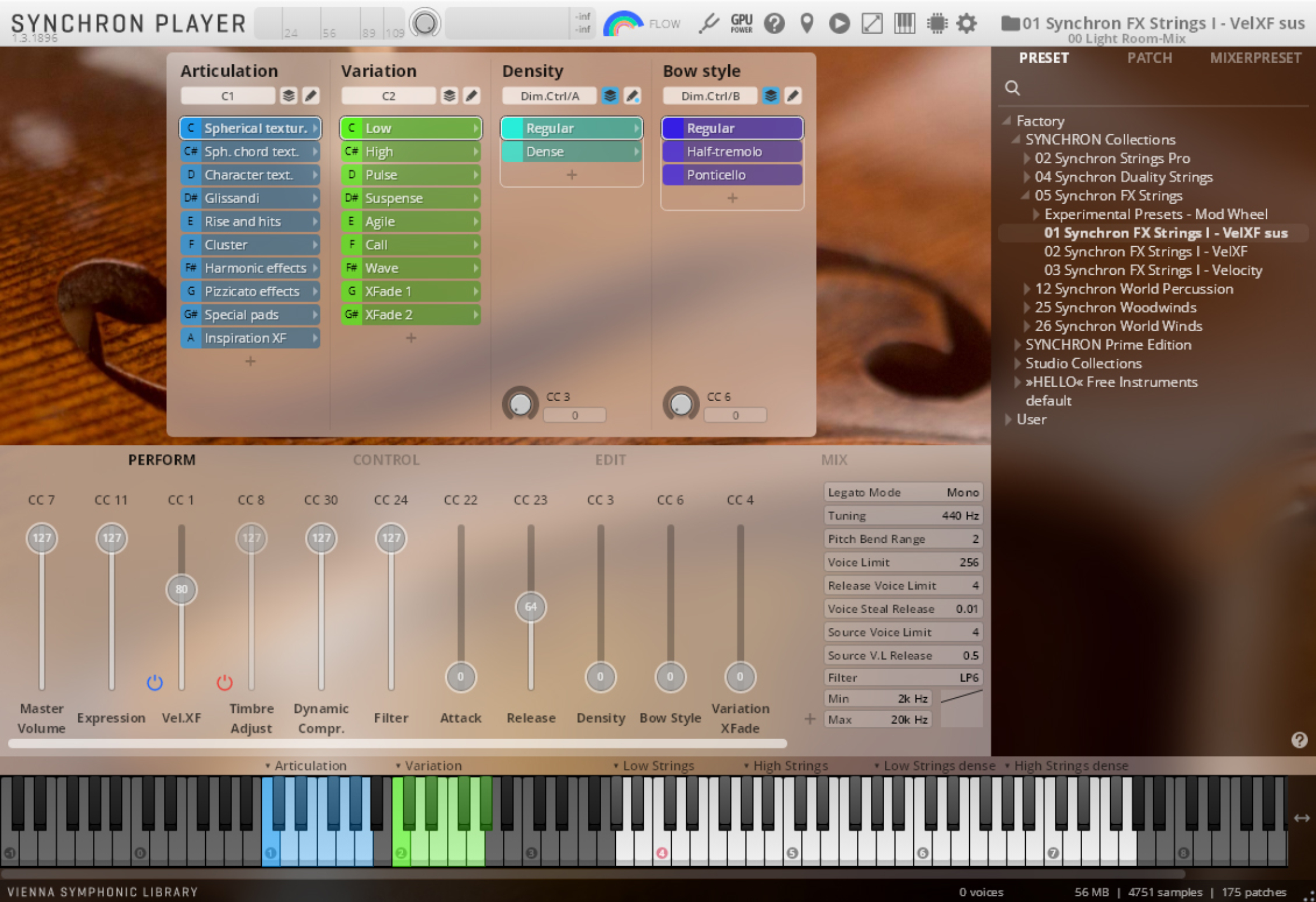 Vienna Synchron Player software interface for musical sample library control, featuring articulation, variation, density, and bow style settings, along with a virtual keyboard and detailed sound parameter controls.