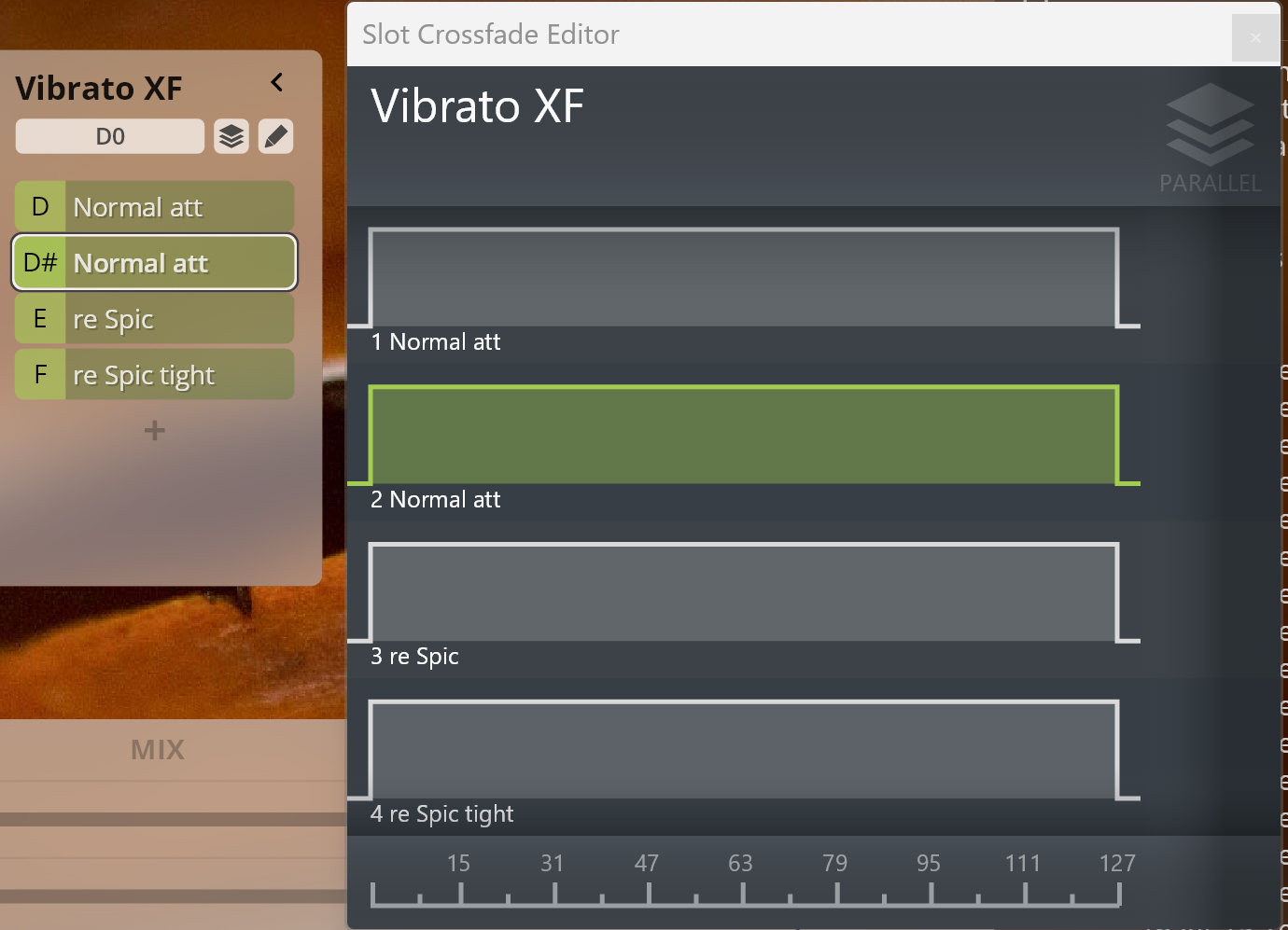 User interface of the Synchron Player showing the Vibrato XF dimension's tree structure and slot crossfade editor with Normal att and re Spic articulations.