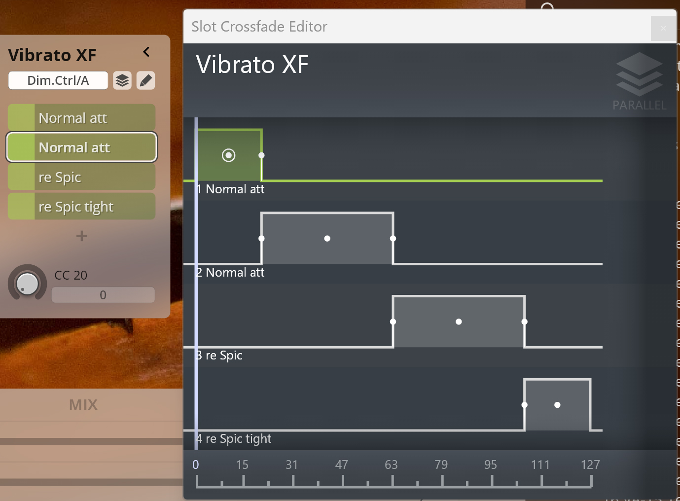Synchron Player interface showing the Vibrato XF dimension tree structure and the Slot Crossfade Editor with Normal att, re Spic, and re Spic tight articulations, demonstrating note articulation layering and crossfading.