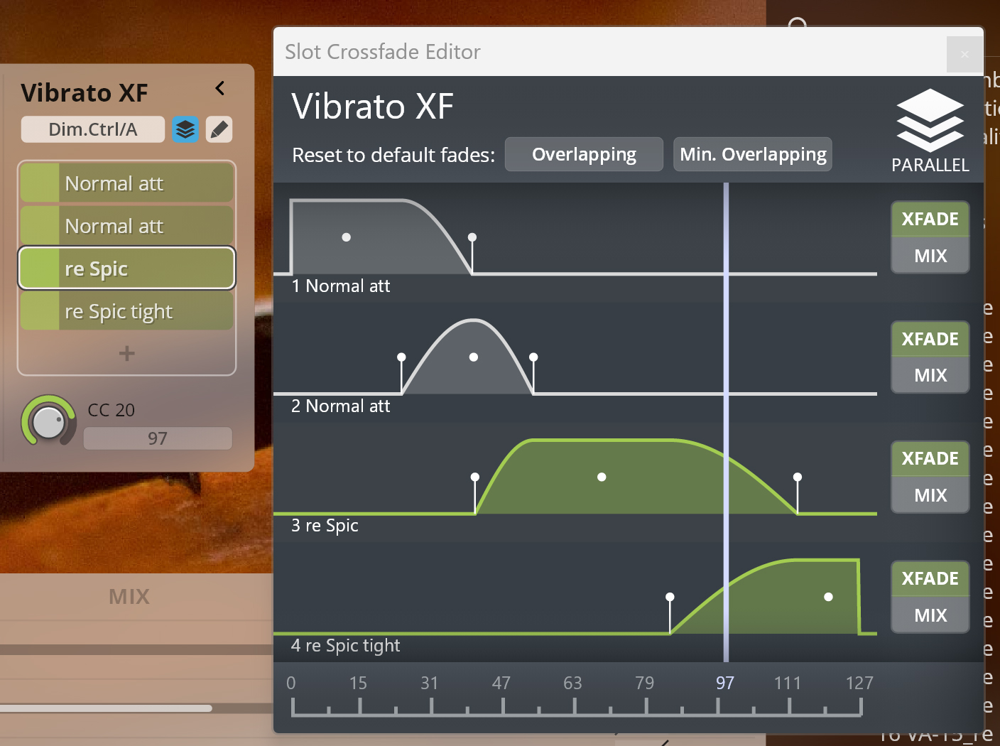 Vibrato XF Slot Crossfade Editor in Synchron Player, displaying articulation tree, fade curves for Normal att, re Spic, and re Spic tight, with controls for overlapping and mix.
