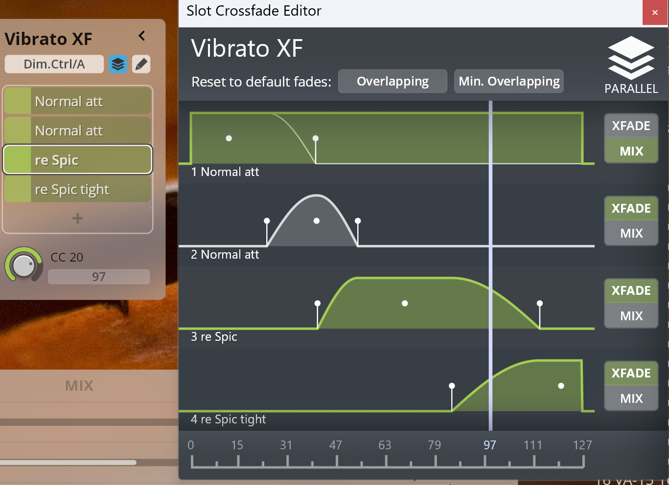 Vibrato XF Slot Crossfade Editor in Synchron Player, showing articulation tree with normal and re spic settings, and crossfade curves for different sound dimensions and control change CC20 mapping.