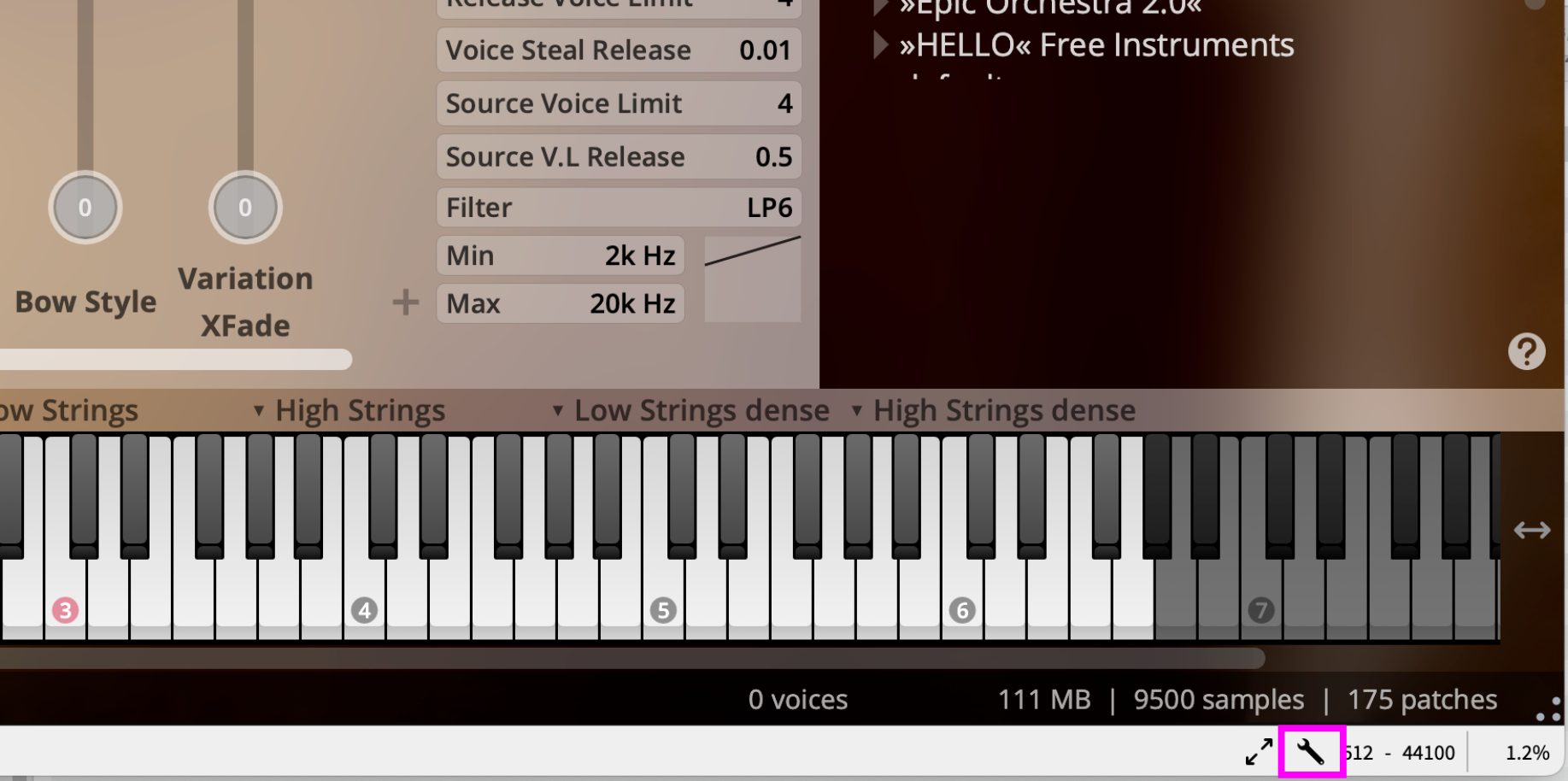 Screenshot of the Vienna Synchron Player standalone instrument interface, showing bow style and variation XFade controls, filter settings (2kHz-20kHz), an interactive piano keyboard, and performance metrics like voices, memory usage, samples, and patches.