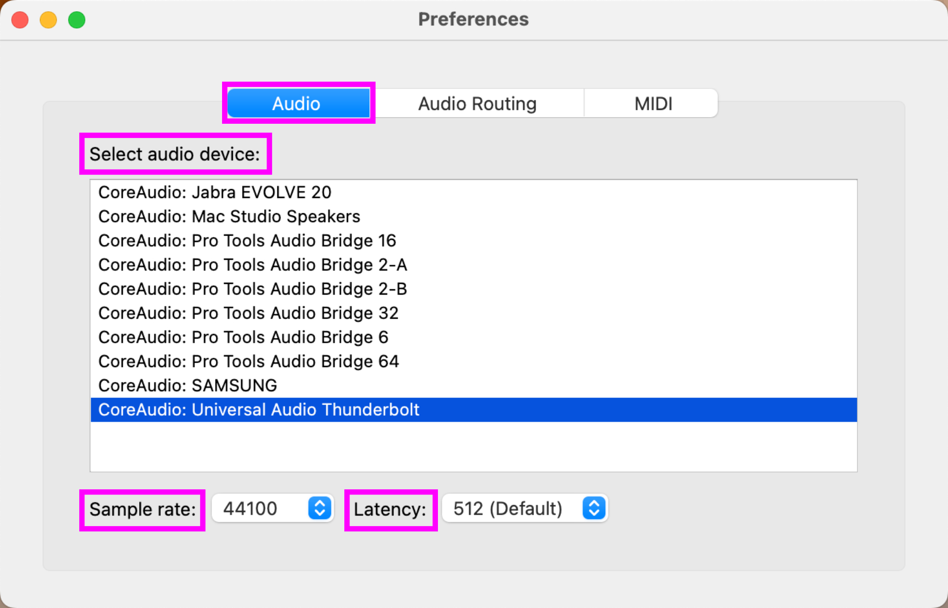 A software preferences window displaying audio settings, including a selected CoreAudio Universal Audio Thunderbolt device, sample rate, and latency.