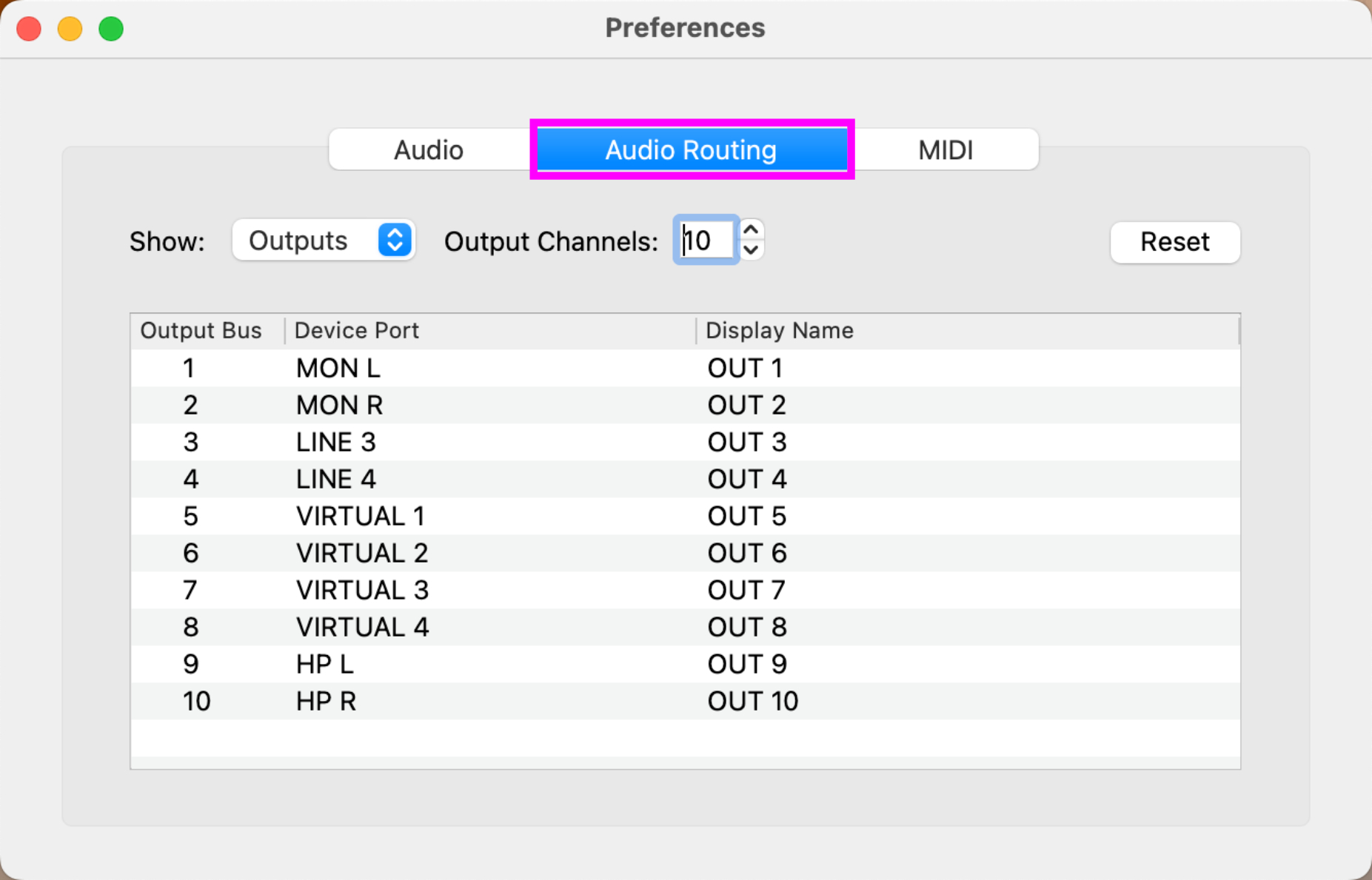 Vienna Synchron Player Preferences window displaying the Audio Routing tab, showing output bus, device port, and display name for 10 audio output channels, including MON L/R, LINE 3/4, VIRTUAL 1-4, and HP L/R outputs.