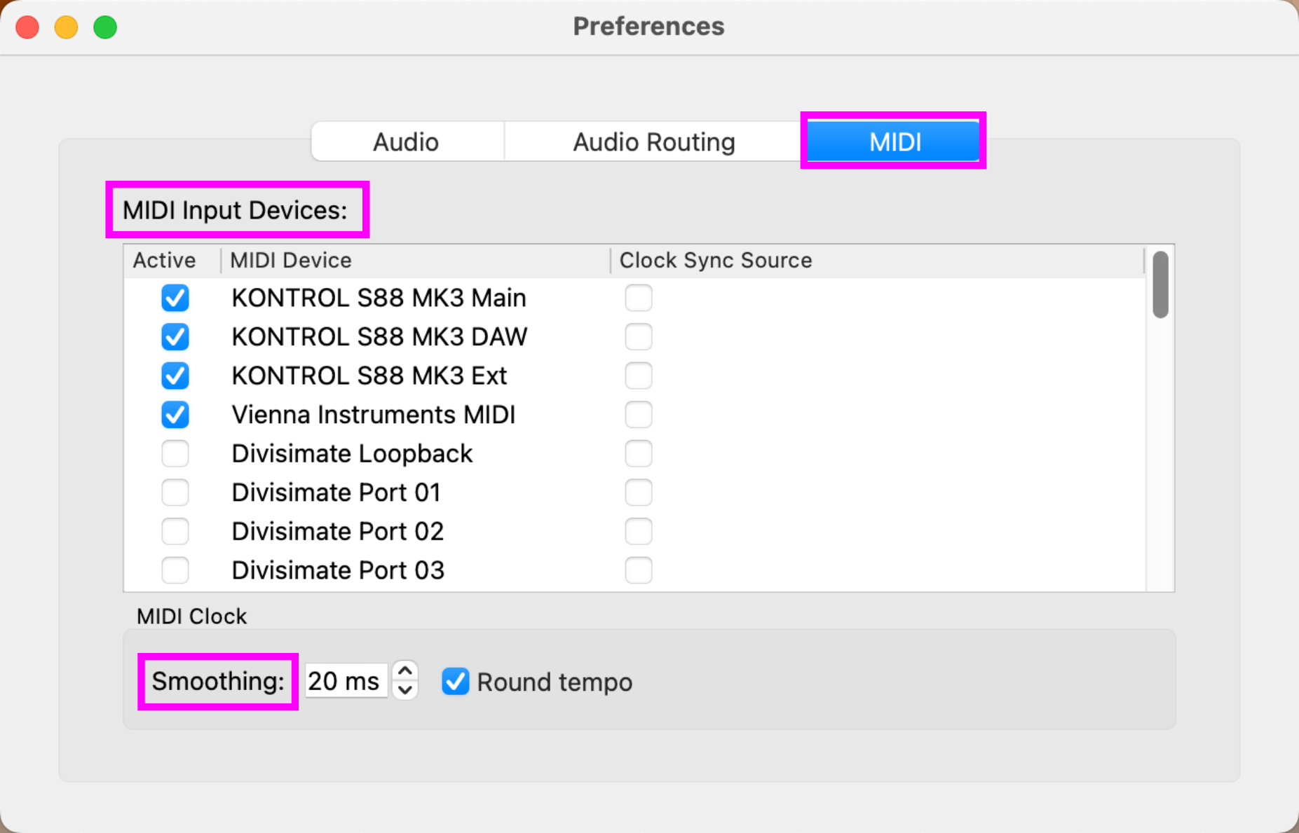 Vienna Synchron Player MIDI preferences showing enabled MIDI input devices and a 20 ms smoothing setting.