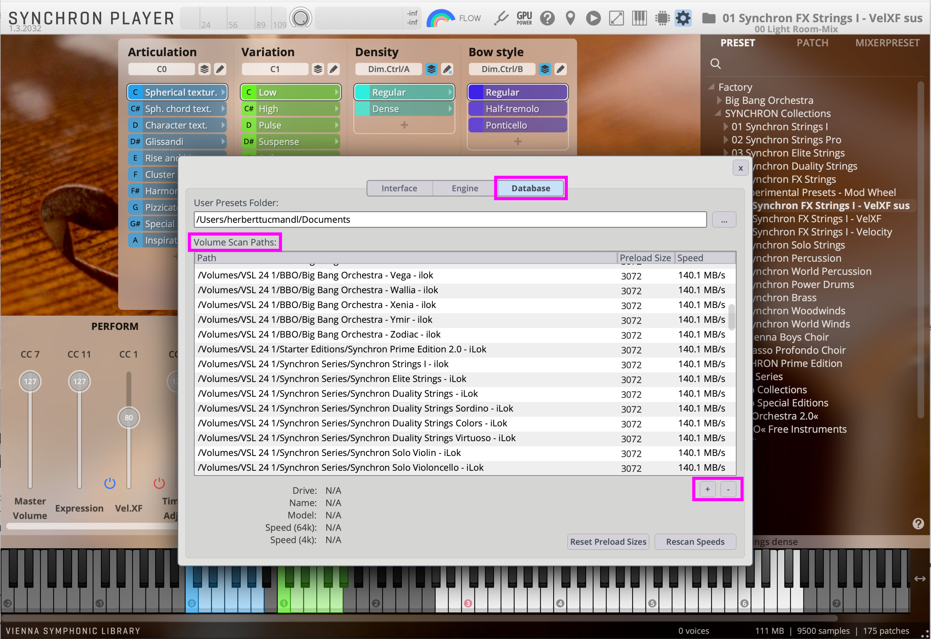 Screenshot of the Synchron Player software showing the Database tab with various sample library paths and their respective preload sizes and speeds, optimized for content management and VSL product installations.