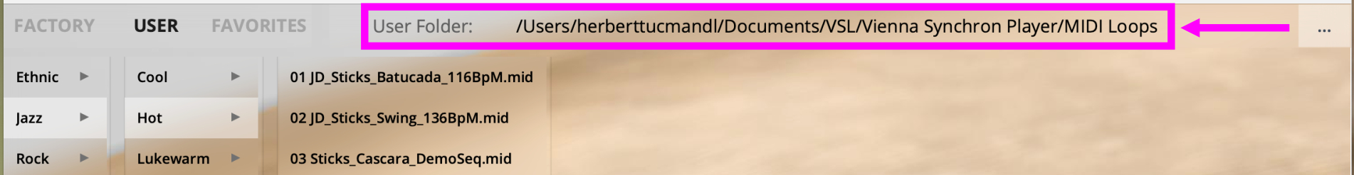 GUI Overview: Screenshot shows the User tab open, displaying a folder path for MIDI Loops in Vienna Synchron Player and a list of MIDI files like JD_Sticks_Batucada_116BpM.mid and JD_Sticks_Swing_136BpM.mid alongside genre categories such as Ethnic, Jazz, and Rock.