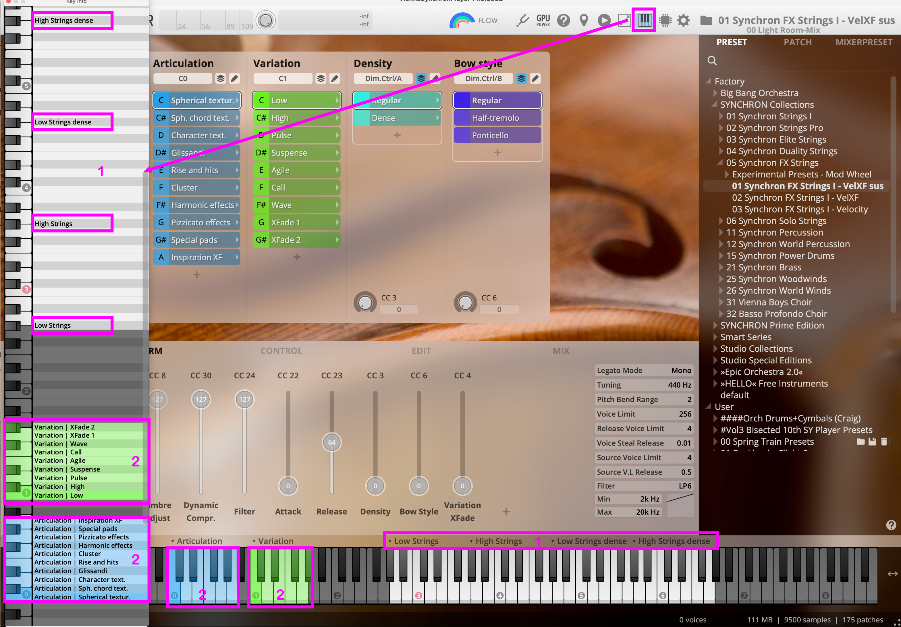 Screenshot of the GUI Overview in the Synchron Player plugin, displaying articulation, variation, density, and bow style controls for velocity-histogram analysis, with 01 Synchron FX Strings I - VelXF sus preset selected.