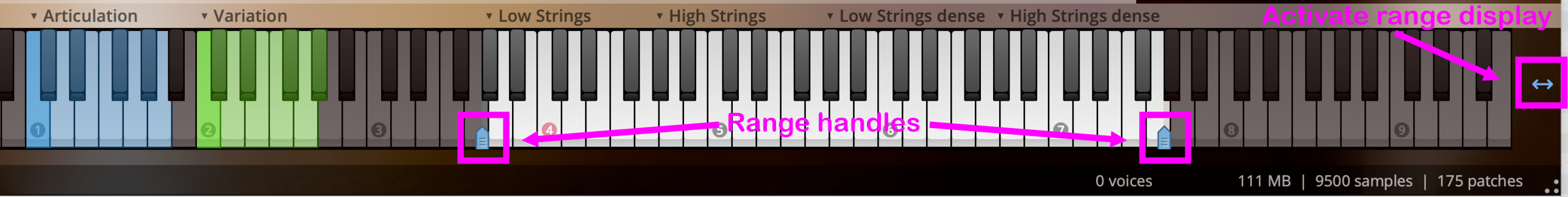 GUI piano keyboard with blue and green highlighted keys, velocity range handles, and activate range display button.