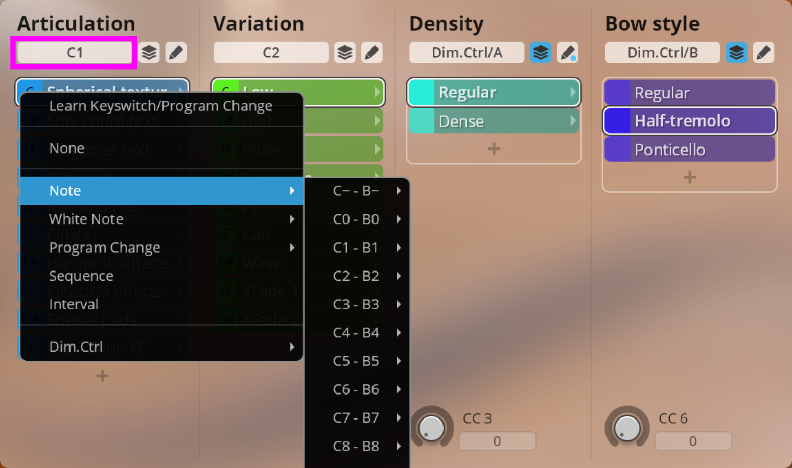 Screenshot of the Synchron Player interface showing menu options for Articulation, Variation, Density, and Bow style. The Articulation C1 dropdown is open, highlighting Note as the selected option, with a further submenu displaying musical note ranges from C to B. The Bow style section shows Half-tremolo selected.