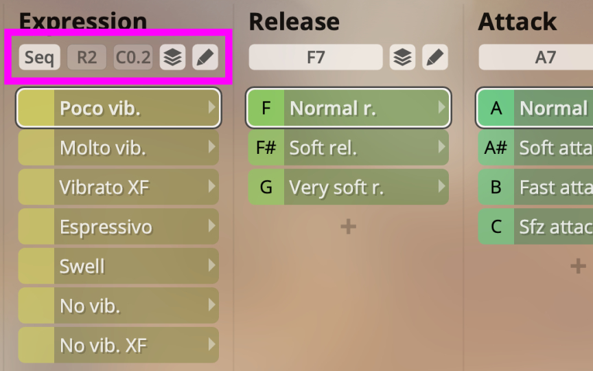 Synchron Player user interface showing Expression, Release, and Attack articulation settings with options like Poco vib, Normal r, and Normal.