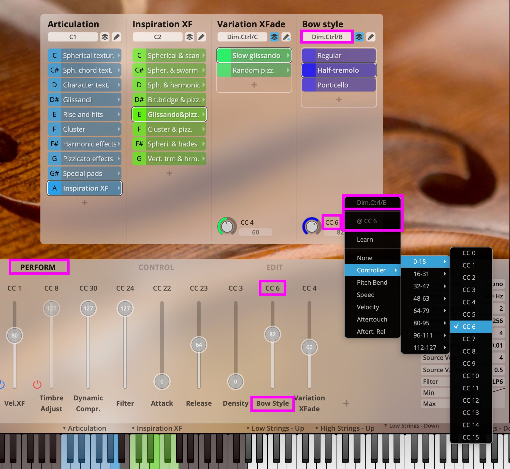 A screenshot of the Synchron Player interface showing articulation, inspiration XF, variation XFade, and bow style controls, highlighting the 'Bow Style' section set to 'Dim.Ctrl/B' and 'Half-tremolo', with 'CC 6' selected as a controller.