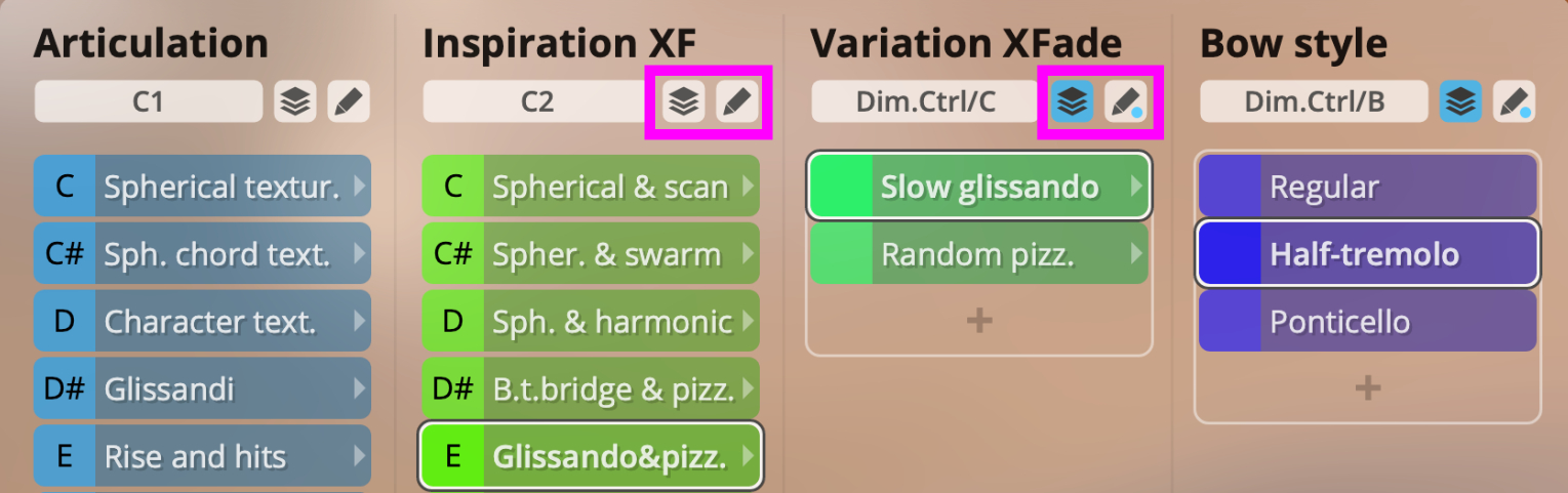 Software interface showing articulation, inspiration, variation, and bow style options, with Half-tremolo selected.