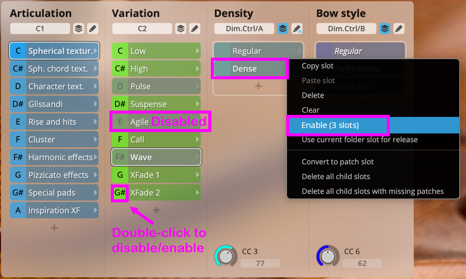 Image demonstrating slot tree structure with articulations, variations, density, and bow style controls, highlighting options to enable or disable articulation slots.